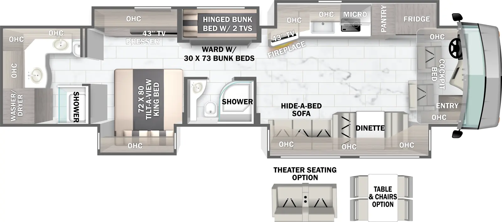 The 45A has four slideouts and one entry. Interior layout front to back: cockpit with entry, overhead cabinets and cockpit bed; off-door side slideout with refrigerator, pantry, microwave over cooktop, kitchen counter with sink, overhead cabinets, and angled TV and fireplace; door side slideout with dinette, hide-a-bed sofa, and overhead cabinets; off-door side slideout with wardrobe with hinged bunks with two TVs, and bedroom dresser with overhead cabinets and TV; door side aisle full bathroom; door side slideout with tilt-a-view king bed and overhead cabinet; rear full bathroom with two sinks, overhead cabinets and linen closet. Optional table and chairs in place of dinette. Optional theater seating in place of hide-a-bed sofa.